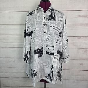 IC Shirt Womens Large Black White Newspaper‎ Print Tunic 3/4 Sleeve Made USA